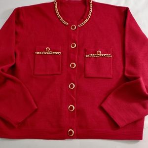 Vintage Gold Chain Cropped Long Sleeve Interlock Knit Red Cardigan Women's Large